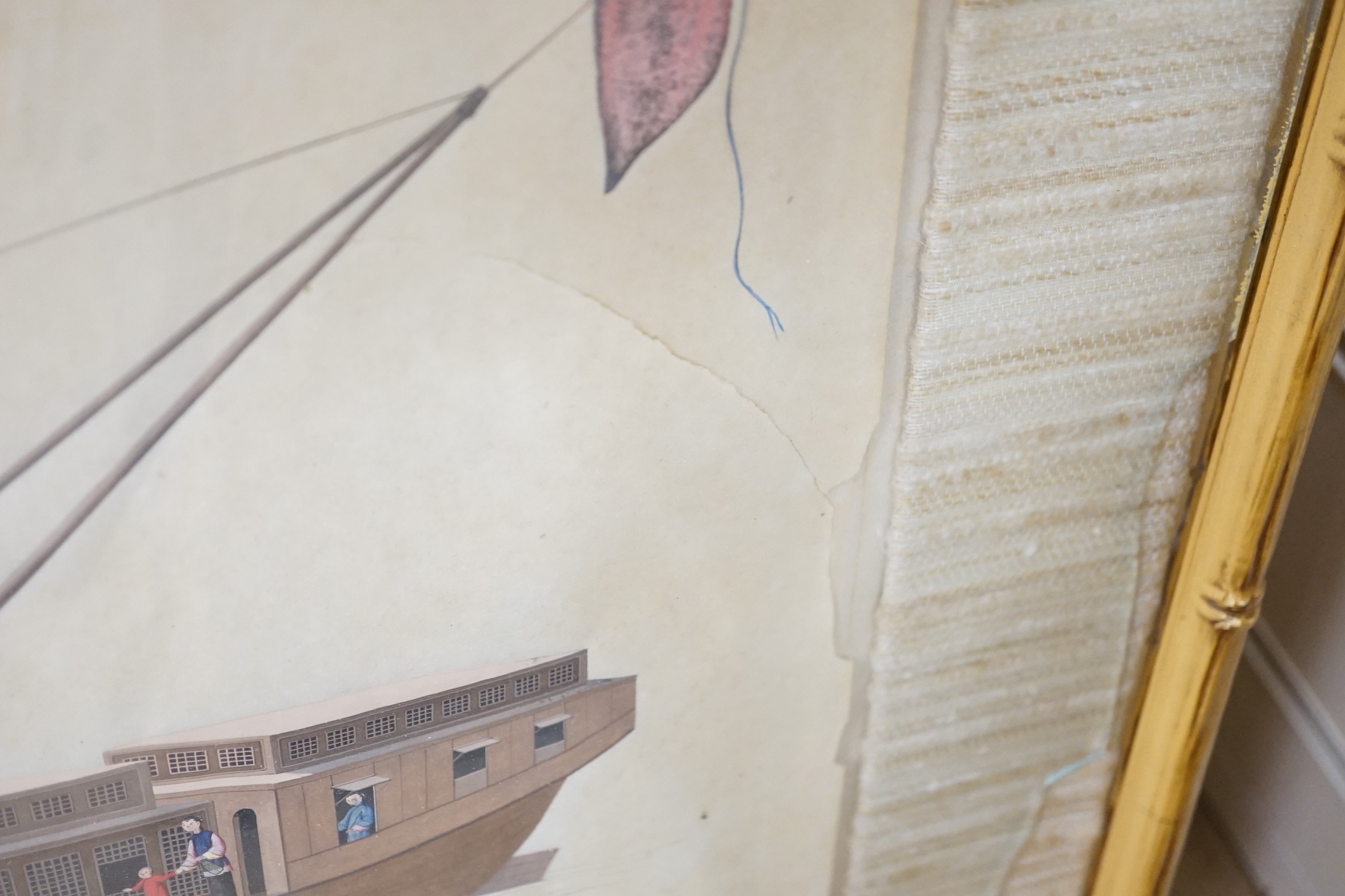 19th century Chinese School, nine gouaches on pith paper, Studies of water-going vessels, inscribed in Chinese and titled in English, giving the names and uses of the various vessels, 29 x 34cm